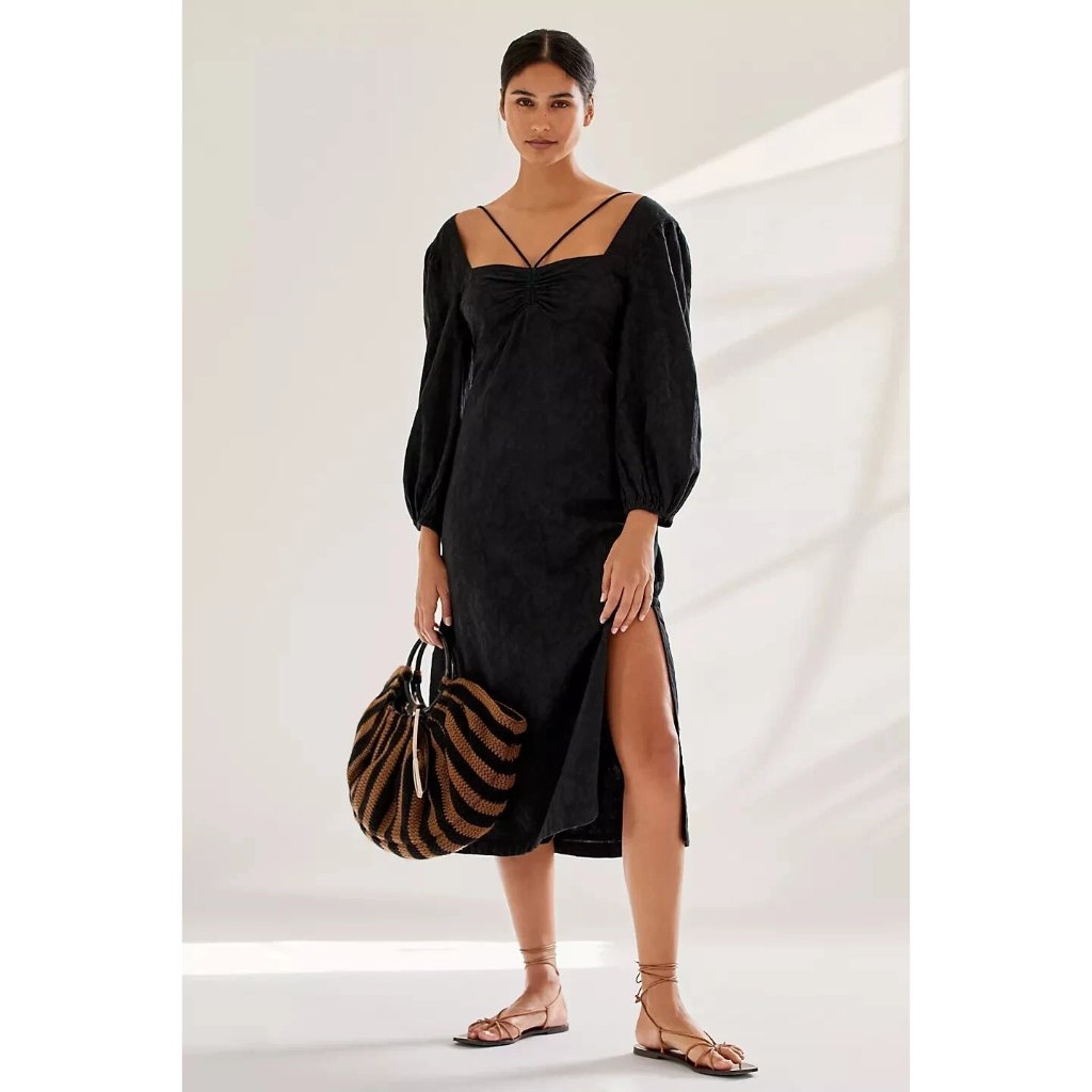 Maeve Anthropologie Low Back Midi Dress Strappy Floral Jacquard Black Size 0